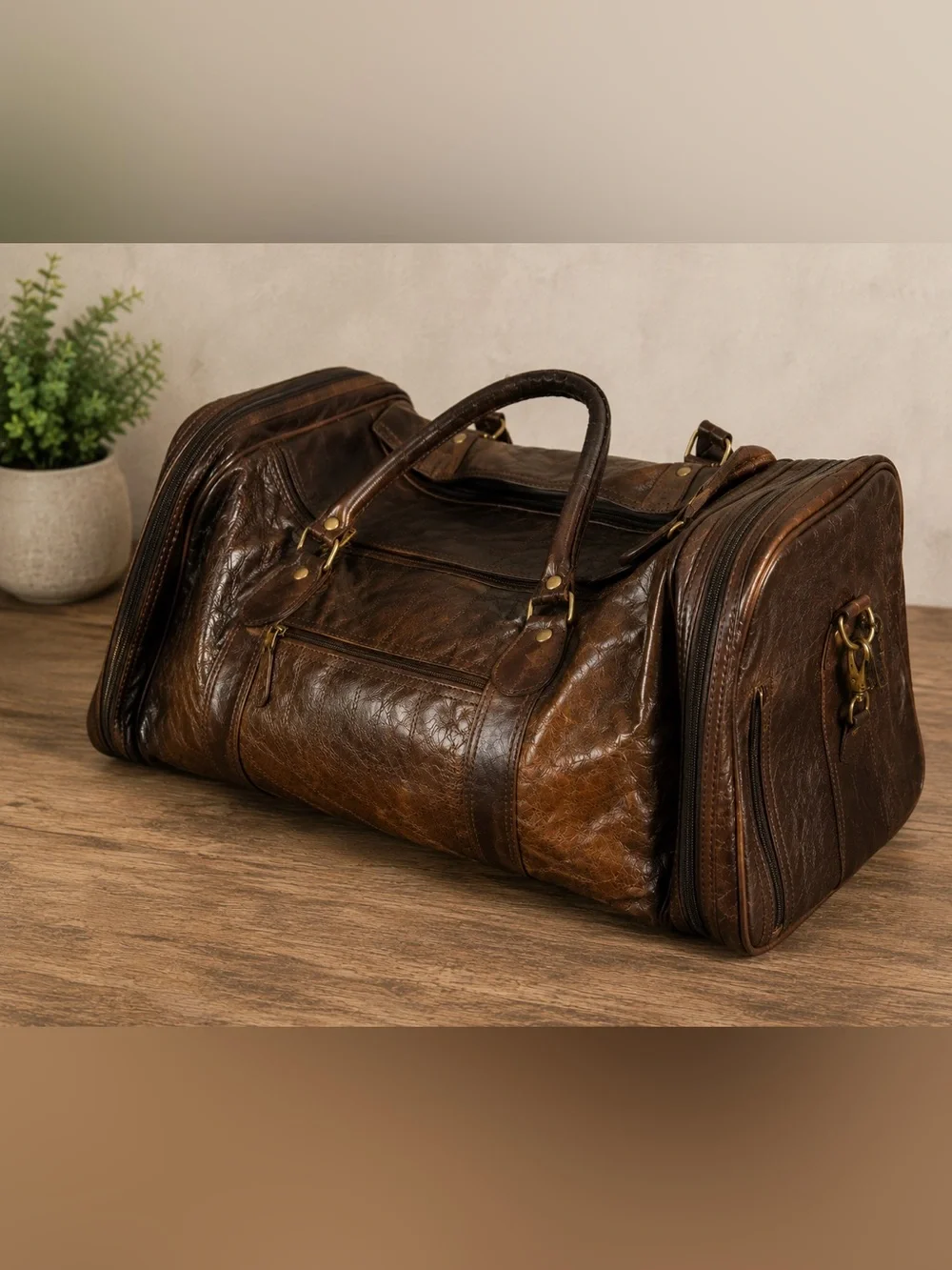 Classic Brown Leather Weekender Bag - Men